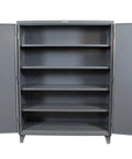 Heavy Duty Industrial Storage Cabinet, 60 Inch Wide By 24 Inch Deep By 78 Tall, 12 Gauge Steel, Dark Gray with open doors and adjustable shelves.