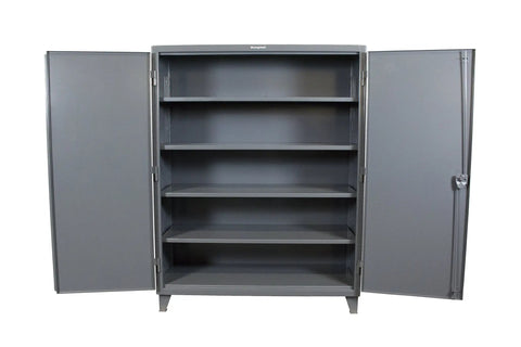 Heavy Duty Industrial Storage Cabinet, 60 Inch Wide By 24 Inch Deep By 78 Tall, 12 Gauge Steel, Dark Gray with open doors and adjustable shelves.