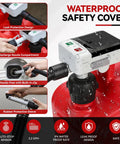 Battery Powered Fuel Transfer Pump With Auto Stop on red gas can, waterproof design, automatic nozzle, 51 inch hose, adapters visible.