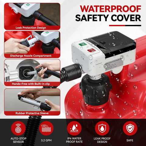 Battery Powered Fuel Transfer Pump With Auto Stop on red gas can, waterproof design, automatic nozzle, 51 inch hose, adapters visible.