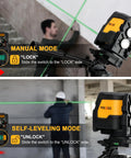 Pro Grade Green Beam Laser Level With Tripod For Construction And Tile Work, showing manual and self-leveling modes in use