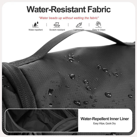 Water beading on black Hanging Toiletry Bag For Men And Women, Waterproof Nylon Dopp Kit with water-repellent fabric.