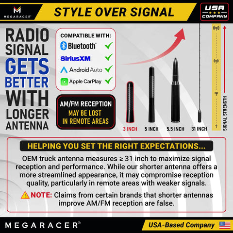 Comparison chart showing signal strength of antennas with Stubby Black Carbon Fiber Truck Antenna For Chevy Silverado And GMC Sierra 1500 2500 3500 1999 To 2026 Short 3 Inch Replacement UV Resistant Chip Resistant Car Wash Safe Billet Aluminum Build.