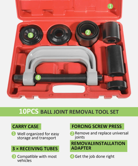Heavy Duty Ball Joint Removal Tool Kit With 4x4 Adapters And U Joint Press for 2WD and 4WD cars in red carry case, 10pcs set