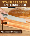Dope Adjustable Bamboo Bread Slicer With Foldable Slicing Guide And Crumb Tray showing stainless steel knife attachment