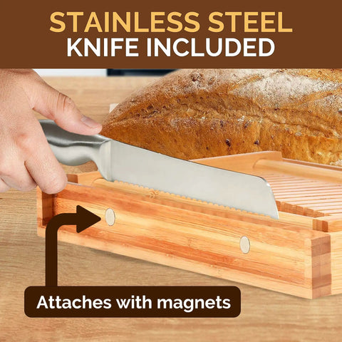Dope Adjustable Bamboo Bread Slicer With Foldable Slicing Guide And Crumb Tray showing stainless steel knife attachment