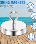 Beast Mode Neodymium Fishing Magnet With Countersunk Hole, 1600 Lbs Pull, 4.72 Inch Diameter, shown on wooden deck by water.