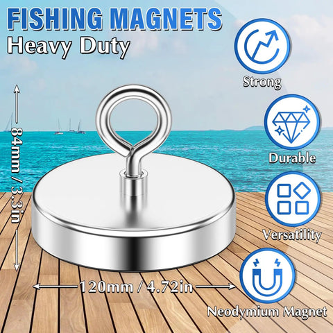 Beast Mode Neodymium Fishing Magnet With Countersunk Hole, 1600 Lbs Pull, 4.72 Inch Diameter, shown on wooden deck by water.
