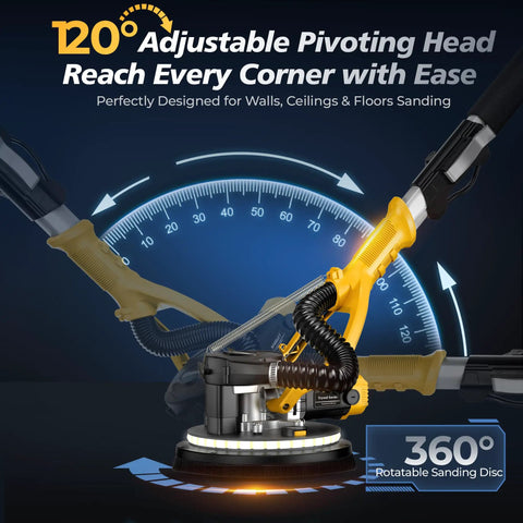 Pro Grade 880W Drywall Sander With Adjustable 5 Speed Settings And 1000 To 2100 Rpm Pure Copper Motor featuring 120° pivoting head for versatile sanding.