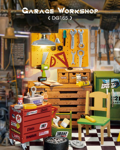 DIY Miniature House Kit Garage Workshop With LED Lights, 1:20 scale model with tools, shelves, and chair on checkered floor