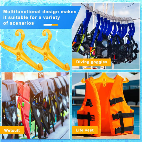 Bright yellow plastic hangers with DIN threads for BCD vests, wetsuits, and dry gear; heavy duty scuba organizer displayed in grid layout.