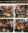 Four images of people enjoying a versatile pizza prep table with topping station outdoor grill cart for backyard and tailgating events.