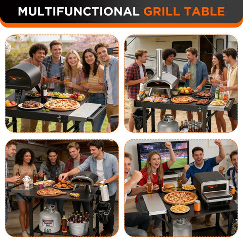 Four images of people enjoying a versatile pizza prep table with topping station outdoor grill cart for backyard and tailgating events.