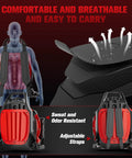 Gas Backpack Leaf Blower With 63cc Beast Mode Power showing adjustable straps and breathable padding, Rugged Red Model.