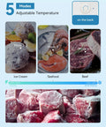 Adjustable temperature settings for Compact 3.0 Cubic Foot Upright Mini Freezer in Black for ice cream, seafood, and beef.