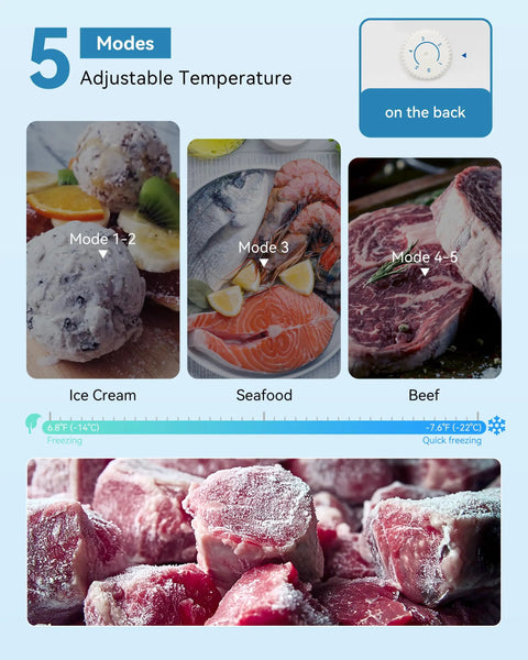 Adjustable temperature settings for Compact 3.0 Cubic Foot Upright Mini Freezer in Black for ice cream, seafood, and beef.