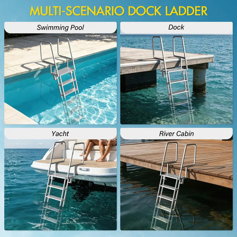 Flip Up Dock Ladder For Boats And Docks, 4 Steps, 350 Lbs Capacity, Wide Non Slip Aluminum Steps, Lightweight Durable Marine Stair With Easy Fold Up For Easy Access On Deck Or Pier used at pool, dock, yacht, and river cabin