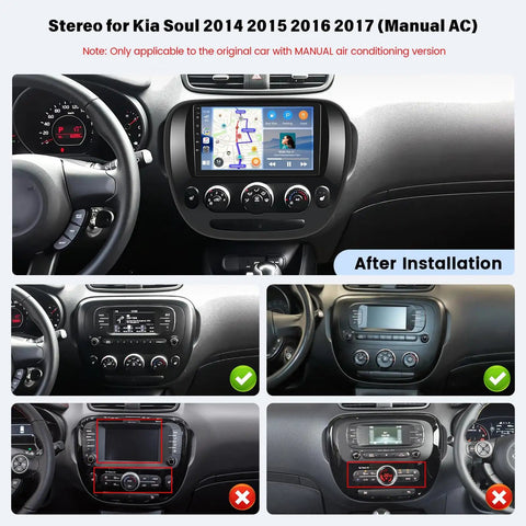 Installation of Android 15 Car Stereo Upgrade For Kia Soul 2014 2015 2016 2017 With 9 Inch Touchscreen in car dashboard.