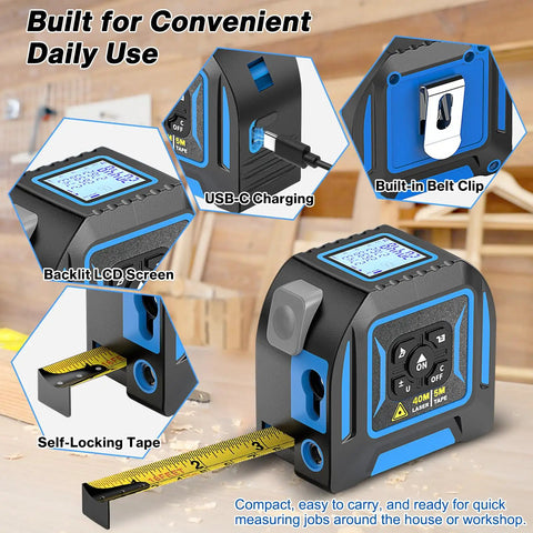 2-In-1 Laser Distance Meter And 16 Ft Tape Measure For Indoor Measuring Handy 130 Ft Range Quick Room To Hallway Checks Self Locking Tape Dual Mode Tool For DIY Projects And Precise Layouts, backlit LCD and belt clip