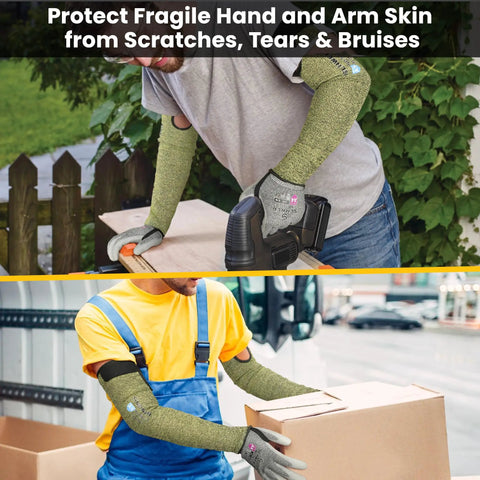 Person wearing Core Arm Protection Sleeves S081, ANSI A5 cut resistant with thumbhole, flame resistant, working outdoors