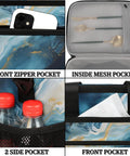 Blue Liquid Insulated Picnic Backpack Lunch Bag with pockets, showing front zipper and side bottle holder, 12x8.7x10in
