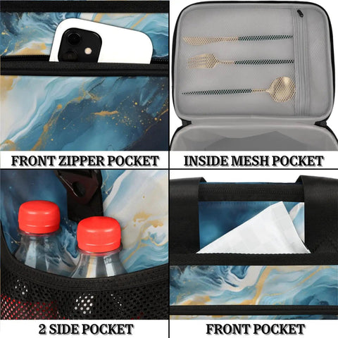 Blue Liquid Insulated Picnic Backpack Lunch Bag with pockets, showing front zipper and side bottle holder, 12x8.7x10in