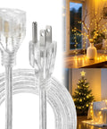 Clear 3 Prong Extension Cord, 10 Ft Indoor Power Cable, 3 x 18 AWG, Male To Female, UL Certified, front view with holiday lights