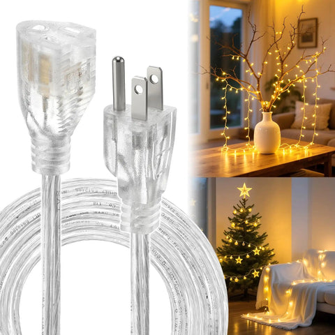 Clear 3 Prong Extension Cord, 10 Ft Indoor Power Cable, 3 x 18 AWG, Male To Female, UL Certified, front view with holiday lights