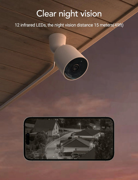 Outdoor Security Camera 1080P For Your Home Weatherproof IP66 with night vision image and phone display with camera feed.