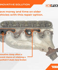 Exhaust Manifold Repair Clamp 917142 Fits Front Left Or Rear Right On GM Isuzu Vehicles, shown installed on manifold.
