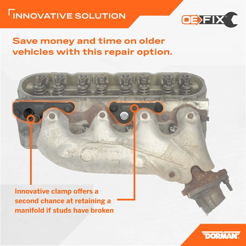 Exhaust Manifold Repair Clamp 917142 Fits Front Left Or Rear Right On GM Isuzu Vehicles, shown installed on manifold.