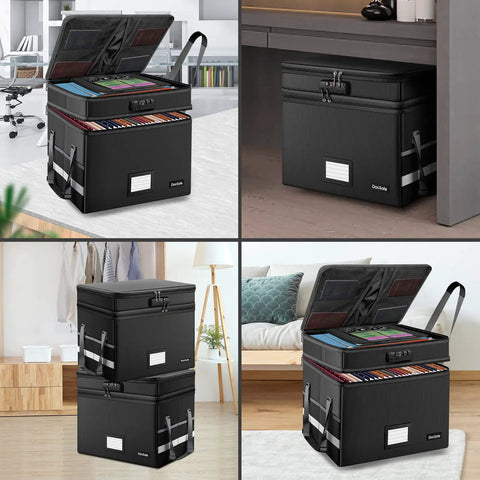 Boss Level Fireproof Multi Layer File Box With Lock Collapsible Portable Office Organizer in use and stored at home