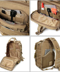 Rugged Tactical Sling Bag For EDC Gear Crossbody Chest Pack With MOLLE System 600D Nylon showing interior pockets and laptop slot.