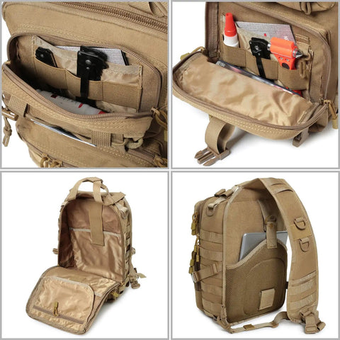 Rugged Tactical Sling Bag For EDC Gear Crossbody Chest Pack With MOLLE System 600D Nylon showing interior pockets and laptop slot.