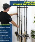 Man organizing fishing rods on Ceiling Mount Fishing Rod Holder For Six Rods Ultimate Garage Storage And Easy Access Organization.