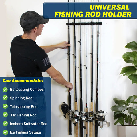 Man organizing fishing rods on Ceiling Mount Fishing Rod Holder For Six Rods Ultimate Garage Storage And Easy Access Organization.