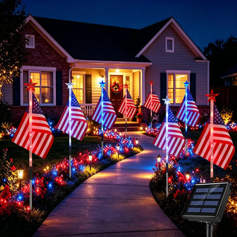 Outdoor Patriotic LED Flag Lights Kit, 9-Pack Solar American Flag Lights for Garden Pathway, Waterproof 54 LED Red White Blue Lights