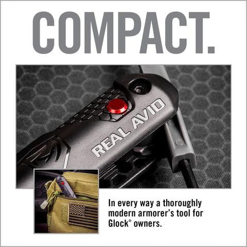 Top Shelf 4 In 1 Glock Armorer Multi Tool For Pistol Care With Magnetic Sight Driver And Pin Punch showing a compact design and red button.