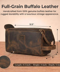 Top Shelf Genuine Buffalo Leather Toiletry Bag For Men And Women Brown 9.5x5x5 inch vintage caddy for grooming essentials.