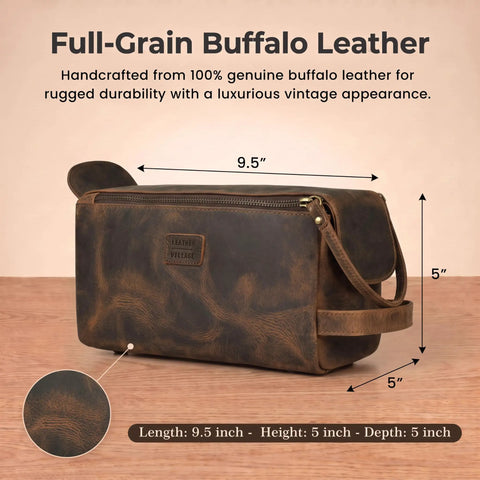 Top Shelf Genuine Buffalo Leather Toiletry Bag For Men And Women Brown 9.5x5x5 inch vintage caddy for grooming essentials.