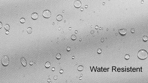 Close-up of heavy duty waterproof 210D fabric with water droplets, text 'Water Resistant', from patio heater cover.