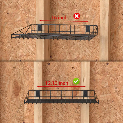 Comparison of black mesh wall-mounted shelves on wooden wall; top shelf 16 inch, bottom shelf 12.13 inches, for 4 Pack Heavy Duty Garage Wall Shelves With 8 Hooks, Wall Mounted Floating Shelves Hold Up To 45 Lbs Each, 180 Lbs Total, Black Mesh Storage Rack For Office, Garage, Basement And Kitchen