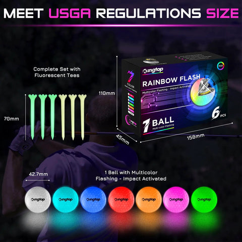 Multicolor Flashing LED Golf Balls For Night Golfing Glow In The Dark With Package and Fluorescent Tees Displayed