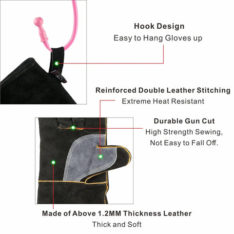 Extreme Heat Resistant Leather Work Gloves With Kevlar Stitching, detailed features including reinforced double stitching and hook design.