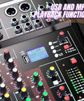 Close-up of control panel on 16 Channel Bluetooth Mixer With USB MP3 Player And Phantom Power Built In Reverb Stereo EQ