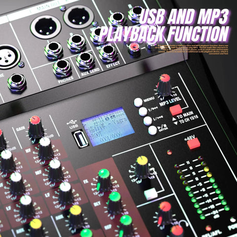 Close-up of control panel on 16 Channel Bluetooth Mixer With USB MP3 Player And Phantom Power Built In Reverb Stereo EQ