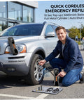 Ride Ready Cordless Car Tire Inflator And Portable Air Compressor Featuring Hella Smooth Operation 6000 mAh Quick Fill Pump for car use.