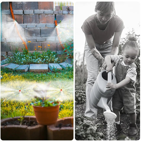 Pro Grade 150Pcs Drip Irrigation Emitters Kit With Micro Sprinkler Heads and Misting Sprayer Nozzles in use in a garden scene