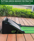 Indoor Putting Green Mat For Home Office Backyard Practice With Uphill Putts And Auto Ball Return shown on wooden deck with ramps