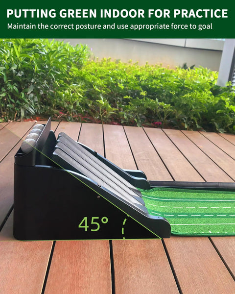 Indoor Putting Green Mat For Home Office Backyard Practice With Uphill Putts And Auto Ball Return shown on wooden deck with ramps